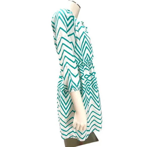 My Michelle Size XL White Teal Chevron Tie Neck Lined Laceback Boho Resort Dress - Picture 5 of 12